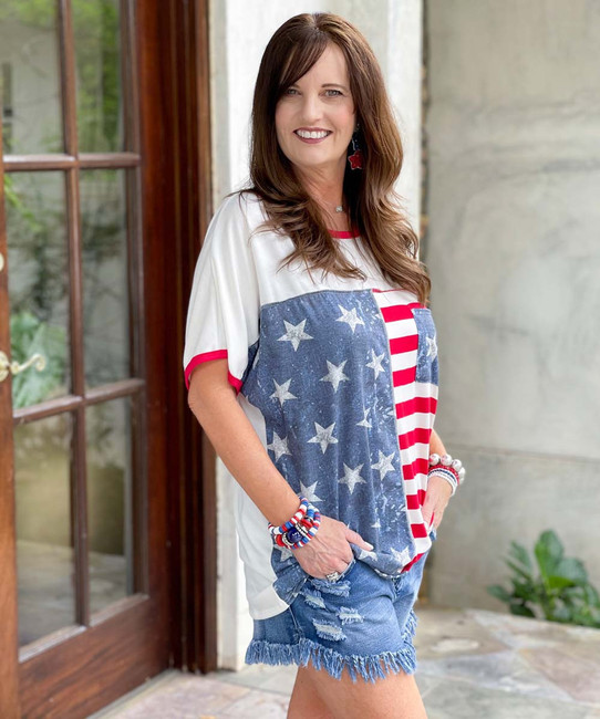  I Love This Land American Flag Themed Colorblock Pocket Top 