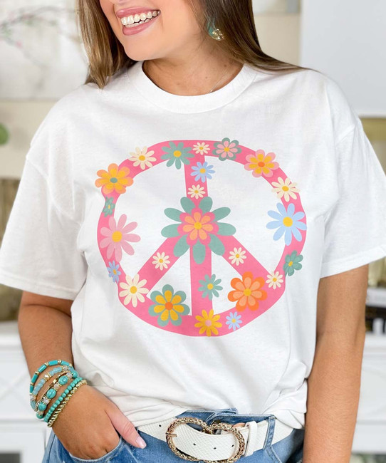  Floral Peace Sign Graphic T-Shirt 