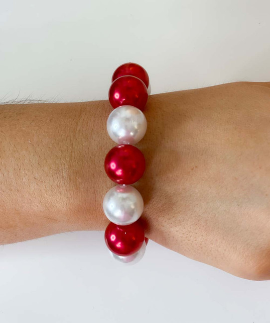  Always Free Large Pearl Elastic Bracelet - Red/White 