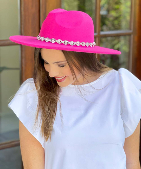  Pretty In Pink Fedora Hat With Rhinestone Band - Fuchsia 