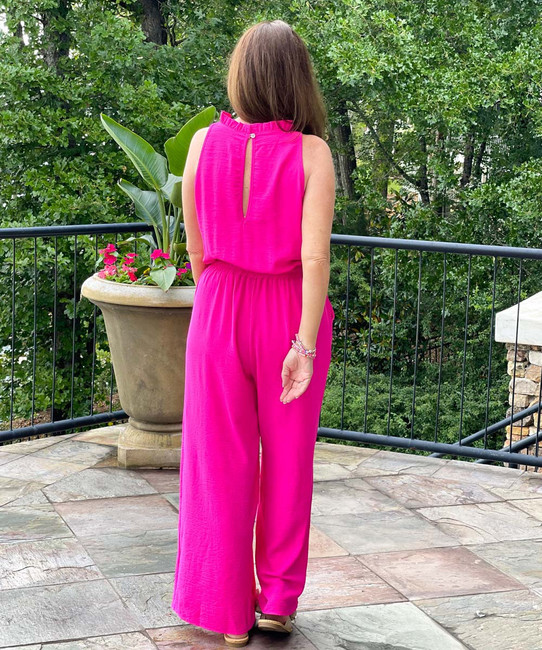  Need A Favor Frill Mock Neck Jumpsuit With Pockets - Hot Pink 