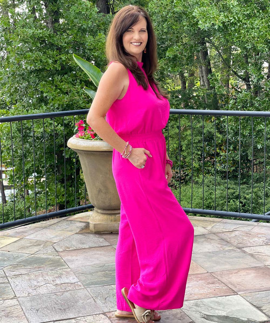  Need A Favor Frill Mock Neck Jumpsuit With Pockets - Hot Pink 