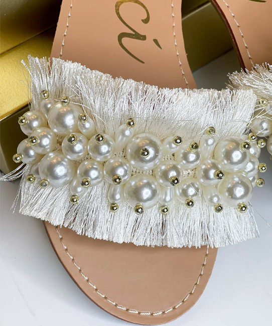 White Sandals - Pearl Strap Sandals - Slide-On Sandals - Lulus