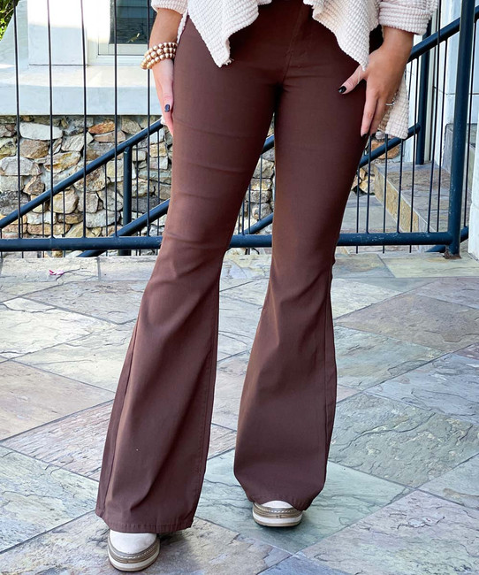  Flare With Me High Waist Stretch Disco Bell Bottom Pants - Chocolate 