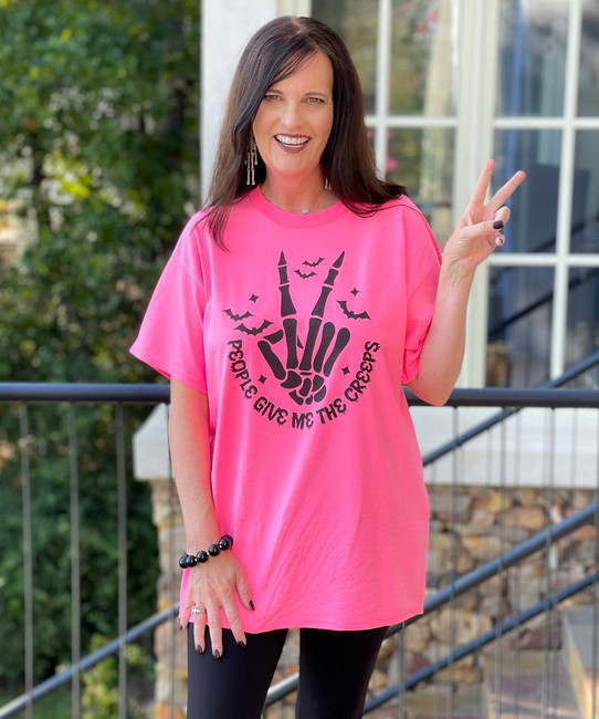  People Give Me The Creeps Graphic Shirt - Safety Pink 