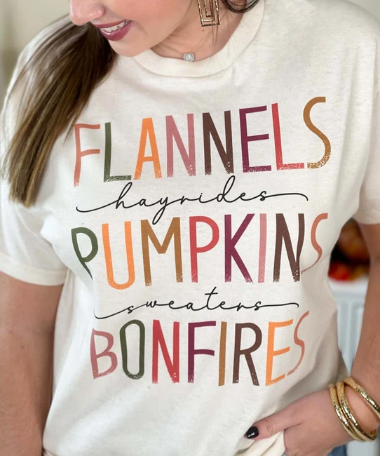  Flannels Pumpkins Bonfires Graphic Shirt - Natural 