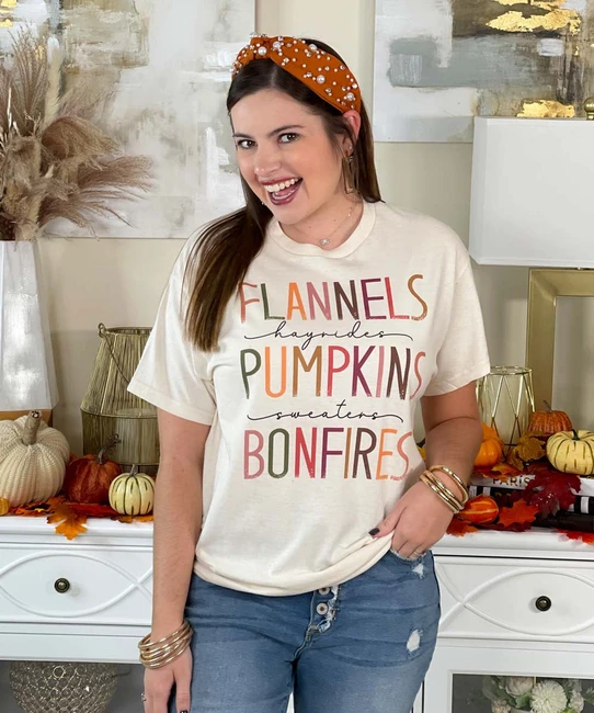  Flannels Pumpkins Bonfires Graphic Shirt - Natural 