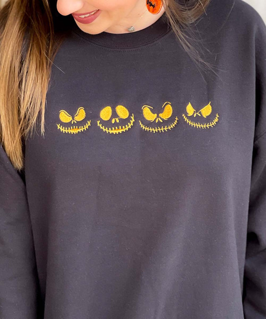  Embroidered Jack-O-Lantern Faces Sweatshirt 