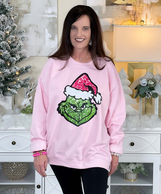 Faux Sequin Grinch Face Sweatshirt