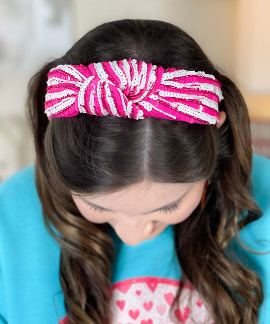 be mine sequin headband fuchsia and white model front