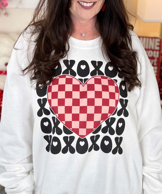 xoxo checkerboard heart sweatshirt close up