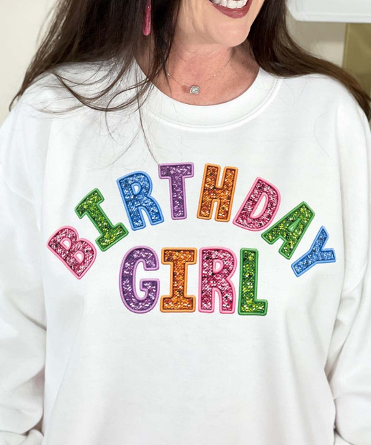 faux sequin birthday girl sweatshirt close up