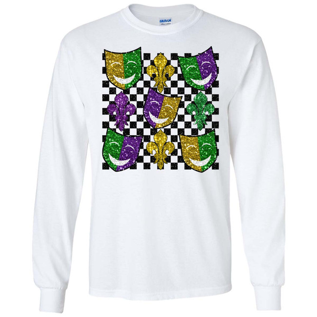 faux glitter mardi gras checkerboard long sleeve tee