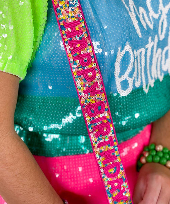 happy birthday beaded guitar strap close up