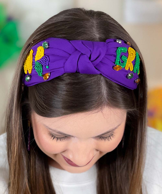 mardi gras beaded headband purple front