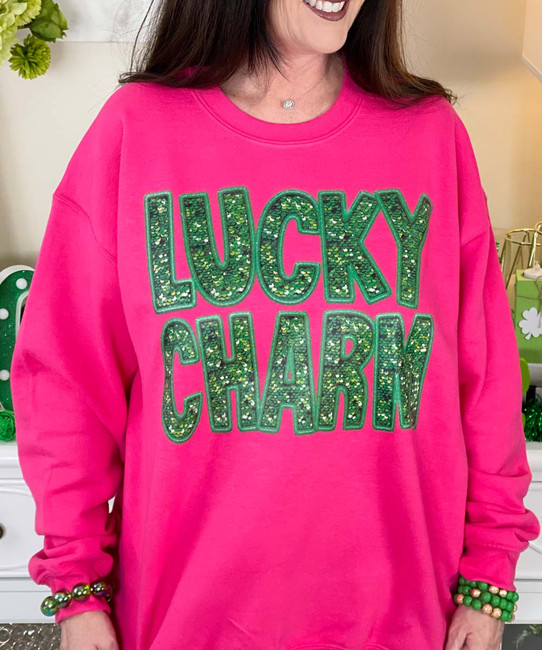 Faux sequin lucky charm sweatshirt close up