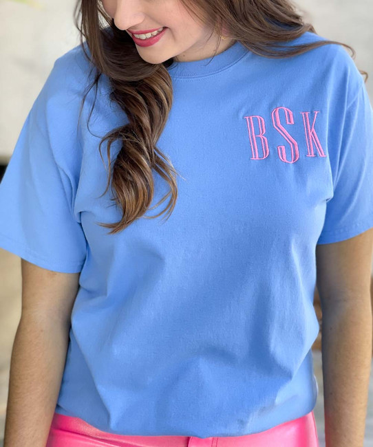 carolina blue monogram tee summer close up