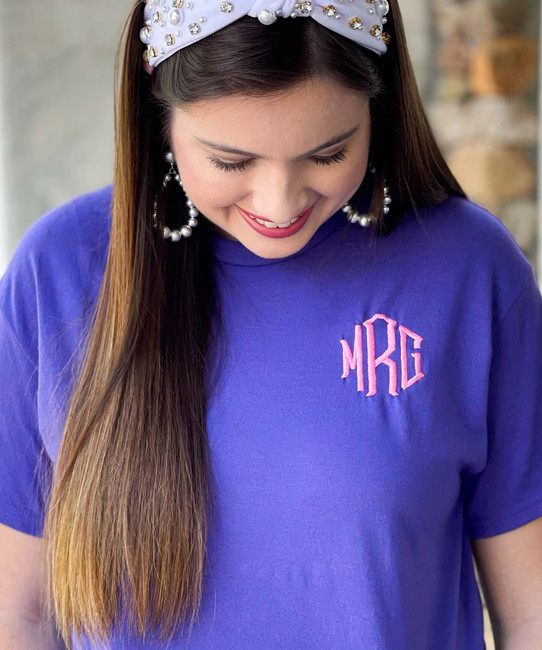 lilac summer monogram tee close up