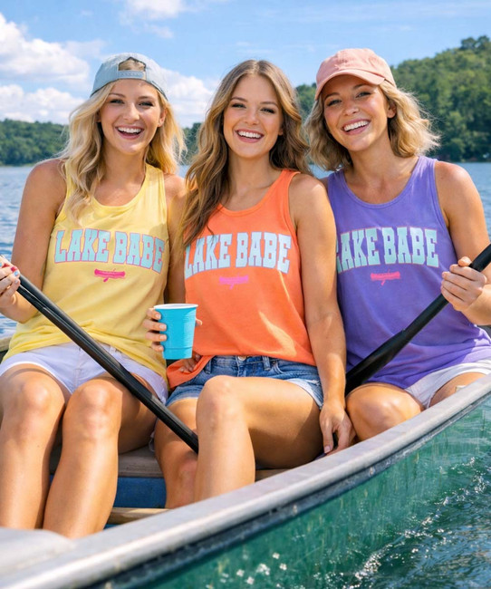 lake babe with canoe tank top group image
