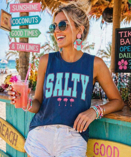 salty palm trees comfort colors tank top model image