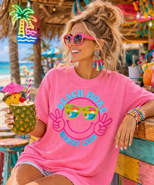 beach more worry less comfort colors model image