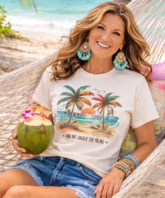 find me under the palms model image graphic tee