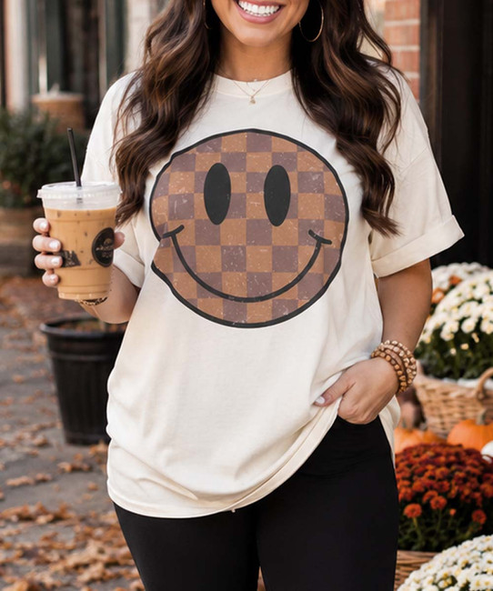 brown checkered smile tee model image close up