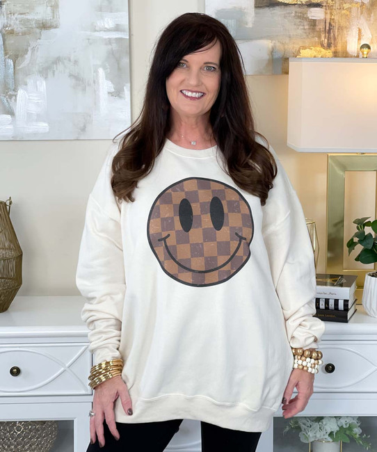 brown checkered smile sweatshirt