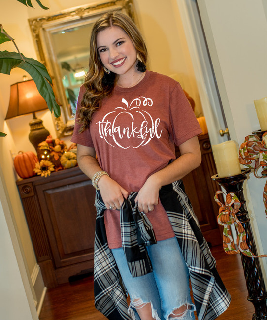 Thankful Pumpkin Bella Canvas Tee - Heather Clay