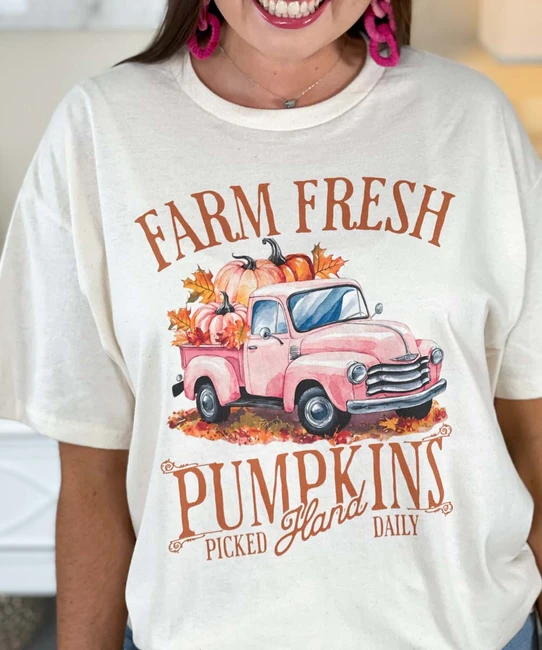 farm fresh pumpkins pink truck tee close up