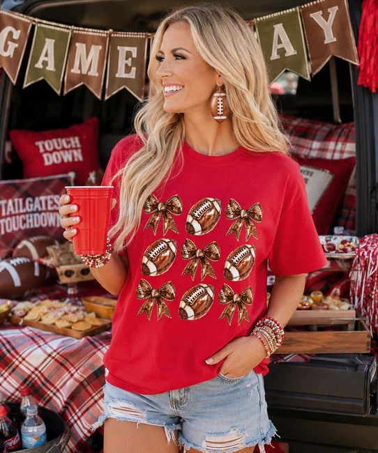 footballs and bows tee model image red