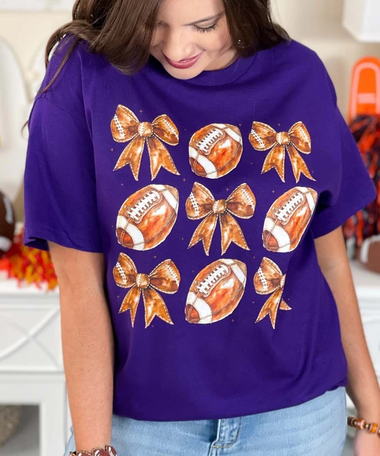 footballs and bows tee close up