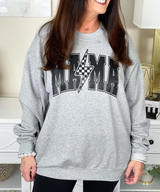 mama lightning bolt sweatshirt close up