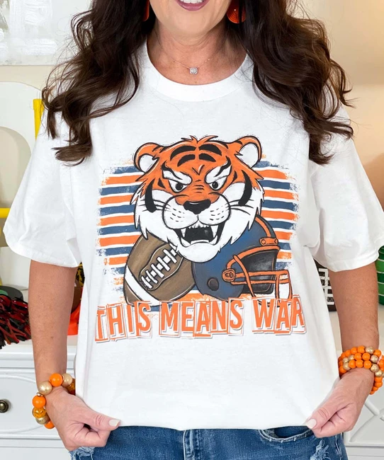 navy and orange tiger tee close up