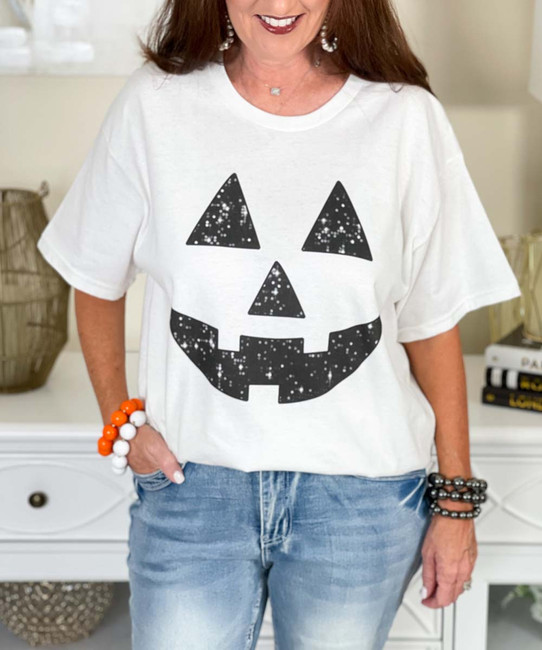 faux sequin jack o lantern face tee close up