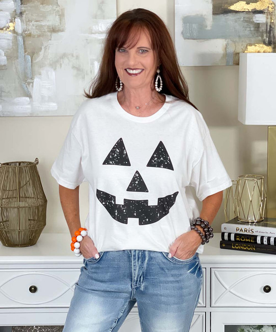faux sequin jack o lantern face tee