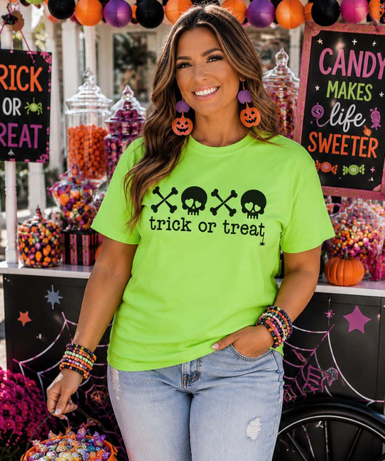trick or treat cross bones and skulls tee model image