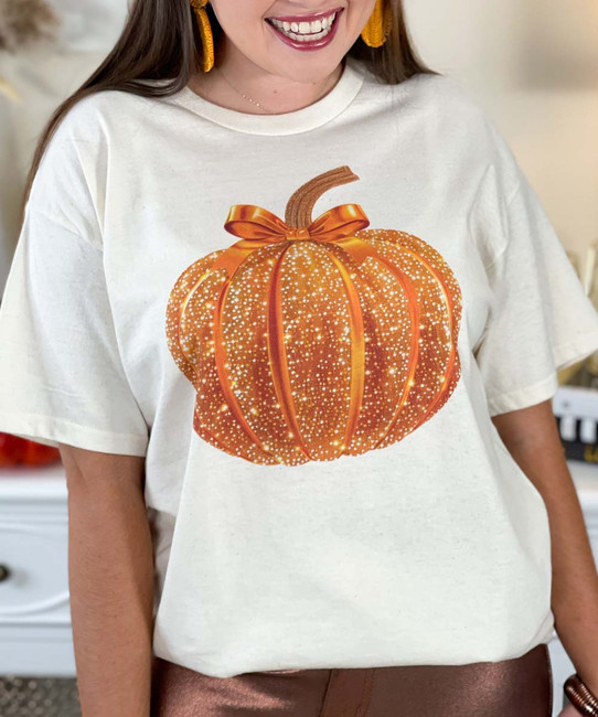 disco faux glitter pumpkin tee close up