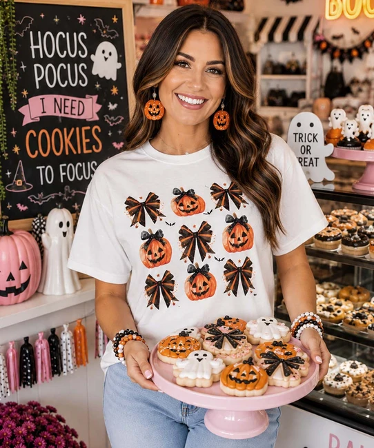 jack o lantern and bows tee model image
