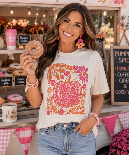 fall vibes pink leopard pumpkin tee model image