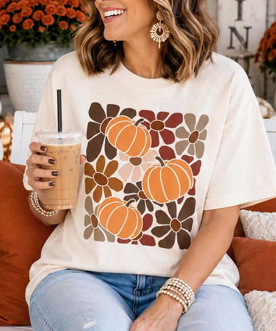 pumpkins and flowers graphic tee model image close up