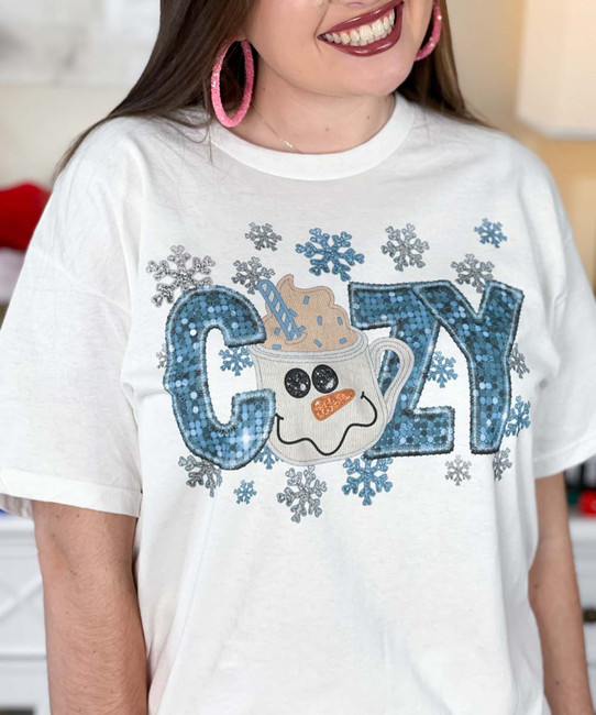 faux sequin cozy snowman tee close up