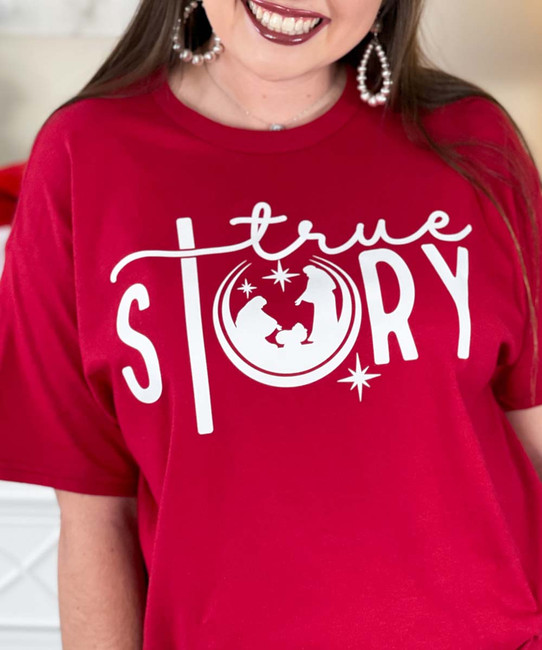 true story manger tee red close up