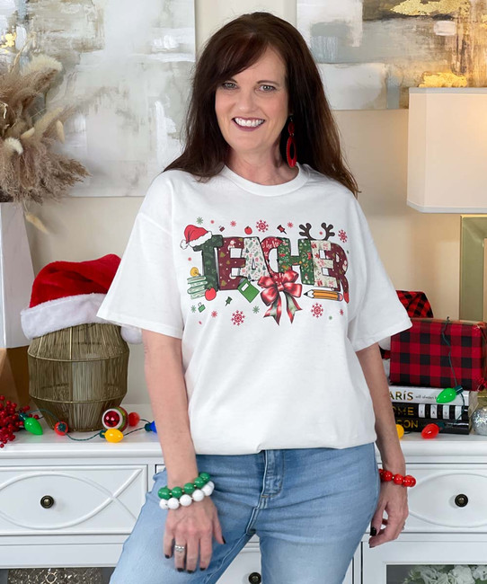 christmas teacher with bow tee