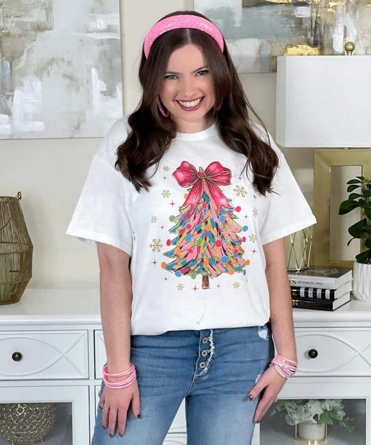 colorful christmas tree with bow shirt