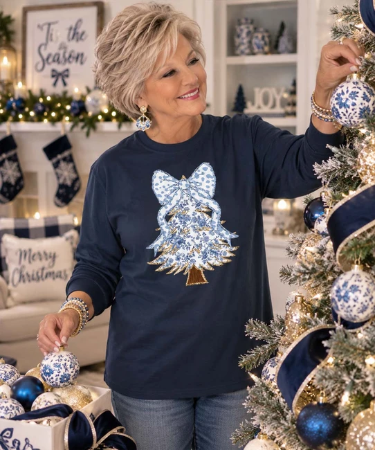Blue Chinoiserie Christmas Tree Graphic Shirt