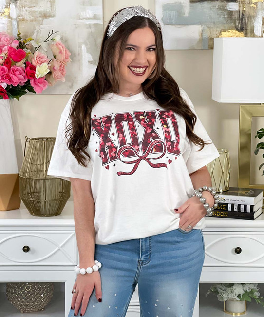 faux sequin xoxo with bow tee