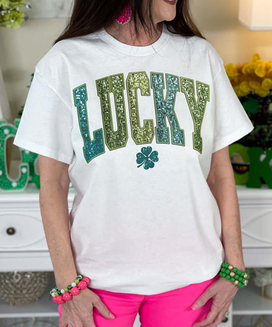 faux sequin lucky with clover white close up