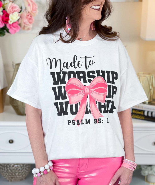 made to worship with bow tee close up