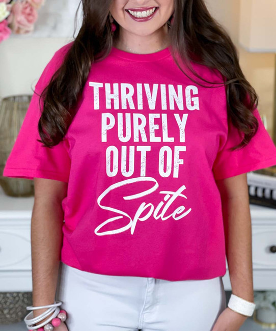 distressed thriving purely out of spite tee close up